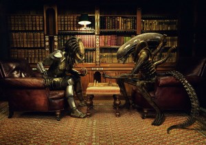 alien and predator playing chess