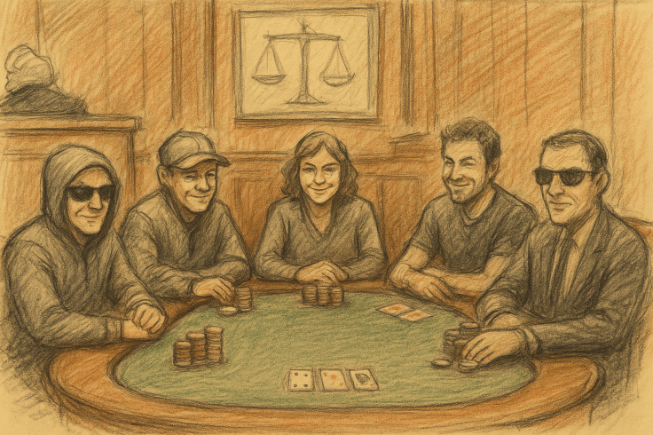 AI Generated pencil colour sketch of a group of poker players sitting at a poker table in a courtroom environment looking smug.