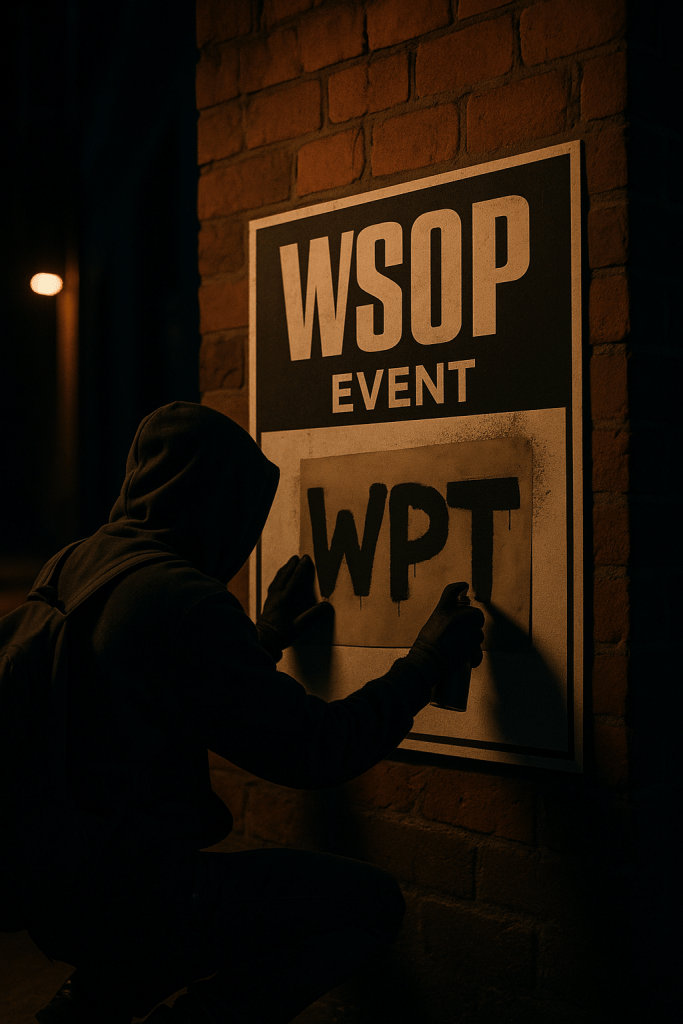 AI Generated comic book style image of WSOP Event poster being having WPT spraypainted on it